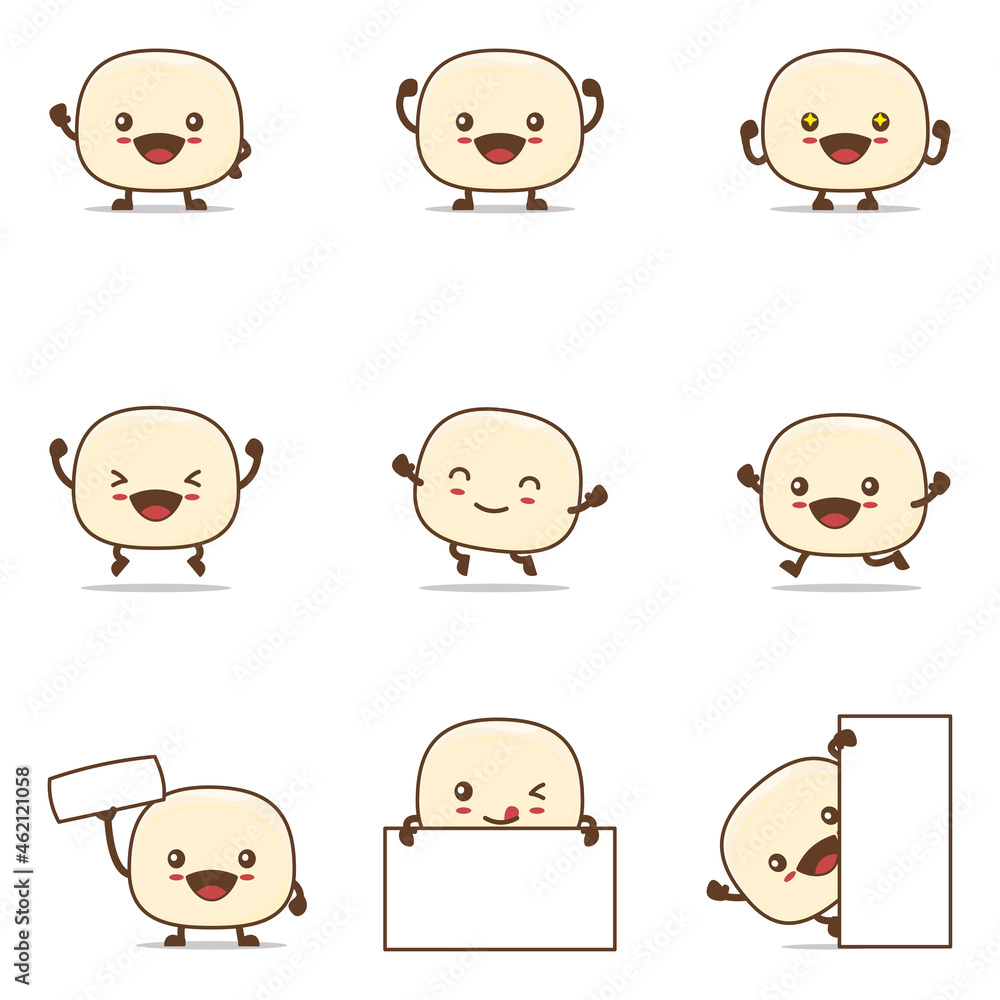 Wall mural cute mantou cartoon, chinese steamed bun food vector illustration. with happy facial expressions and