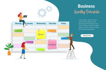 Weekly business scheduling, time management and office planning agenda. Man and woman manage weekly work timetables with post it notes memo stickers.