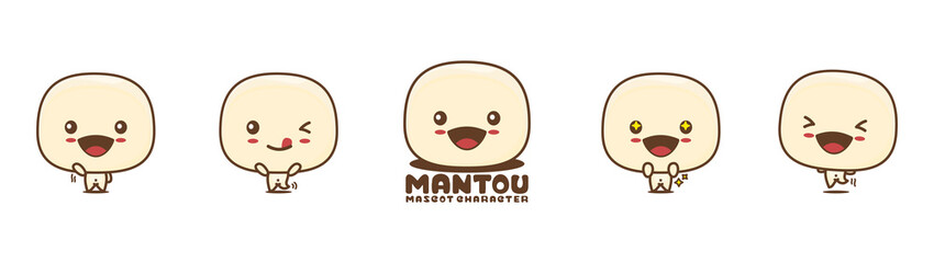 cute mantou mascot, chinese steamed bun food vector illustration, with different facial expressions and poses
