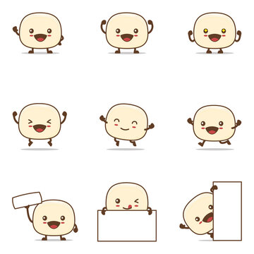 cute mantou cartoon, chinese steamed bun food vector illustration. with happy facial expressions and different poses