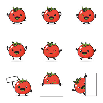 tomato cartoon, with happy facial expressions and different poses