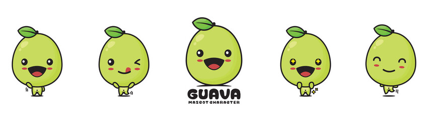 cute guava cartoon mascot, fruit vector illustration, with different facial expressions and poses