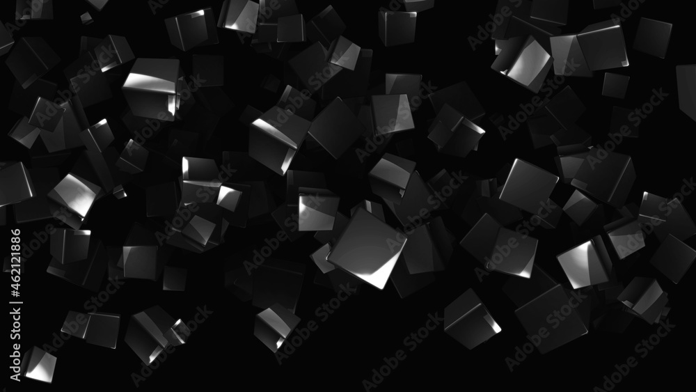 Aufkleber flying metal cubes on a black background. abstract background with falling cubes. 3d rendering