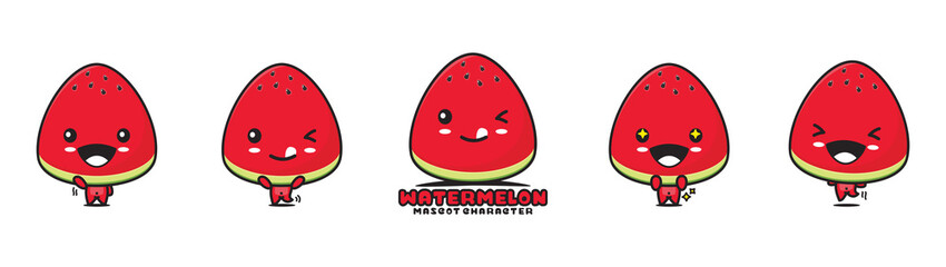 cute watermelon mascot, fruit vector illustration, with different facial expressions and poses