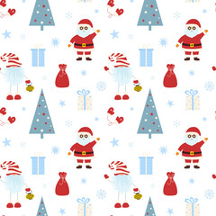 Christmas seamless pattern with santa claus, gifts, christmas tree, scandinavian gnome and snowflakes.