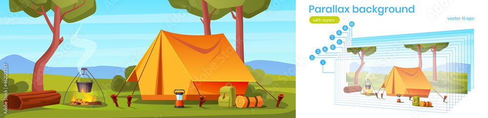 Poster parallax background camping tent with tourist stuff in forest 2d landscape. traveler camp at nature 