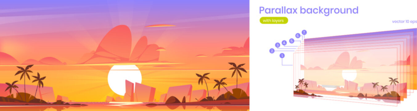Sunset sky in ocean parallax background, tropical island 2d landscape. Beautiful cartoon nature scenery view with sea, rocks and dusk sky separated layers for animation game scene Vector illustration