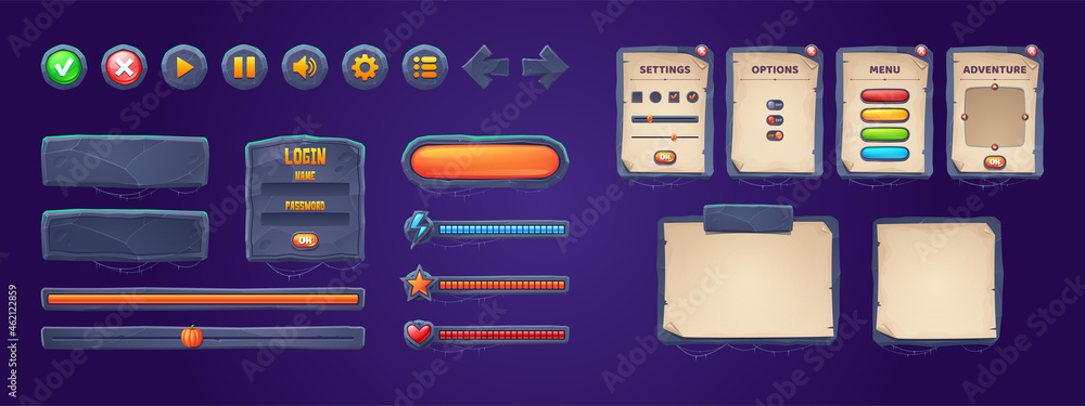 Poster set of game stone frames, bars, ui scrolls, boards with antique parchments and menu buttons. cartoon
