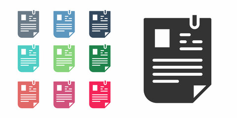 Black Resume icon isolated on white background. CV application. Searching professional staff. Analyzing personnel resume. Set icons colorful. Vector