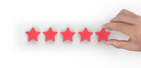 Hand of touching rise on increasing five stars. Increase rating evaluation