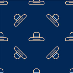 Line Gardener, farmer or agricultural worker hat icon isolated seamless pattern on blue background. Vector