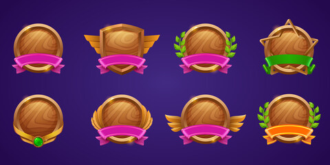 Set of game level ui icons, empty wooden shields with banners, wings or star shape and laurel wreaths, isolated award frames or bonus graphic elements, reward, trophy achievement and prize for rpg