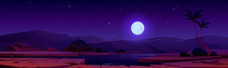 Night desert oasis under full moon starry sky. Cartoon landscape river, sand dunes, palm trees and plants, vector parallax background for game. Deserted sahara nature panoramic 2d scene, illustration