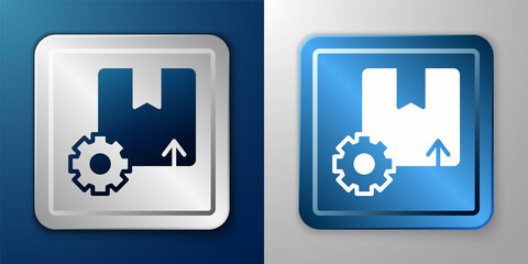 White Gear wheel with package box icon isolated on blue and grey background. Box, package, parcel sign. Delivery and packaging. Silver and blue square button. Vector