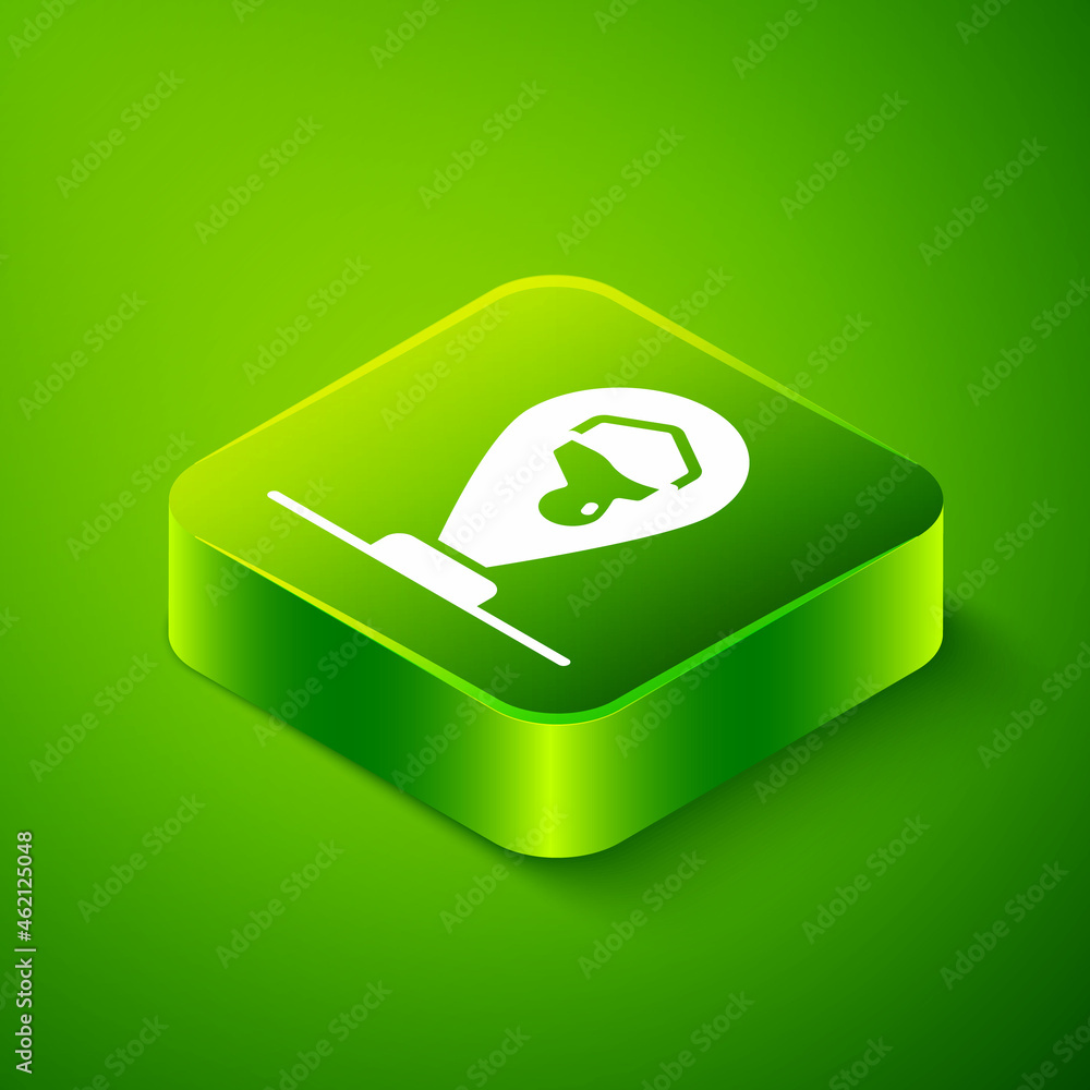 Poster isometric honeycomb bee location map pin pointer icon isolated on green background. farm animal map 