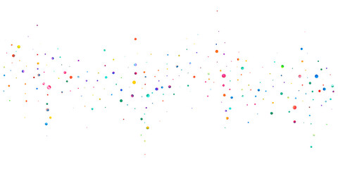 Watercolor confetti on white background. Alive rainbow colored dots. Happy celebration wide colorful bright card. Wonderful hand painted confetti.