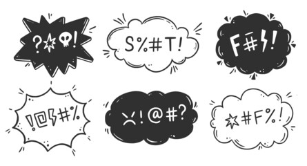 Swear word speech bubble set. Curse, rude, swear word for angry, bad, negative expression. Hand drawn doodle sketch style. Vector illustration.
