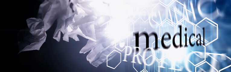 Personal protective equipment. Disposable medical mask. Gauze bandage for respiratory protection. Medical accessories.