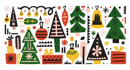 Christmas set. Hand drawn scandinavian style winter holidays decor elements, cartoon ethnic ornament presents tree and toys, traditional colors green and red, poster or print vector illustration