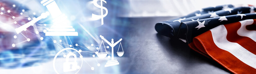 Flapping flag USA with wave. American flag for Memorial Day or 4th of July. Closeup of American flag dark background