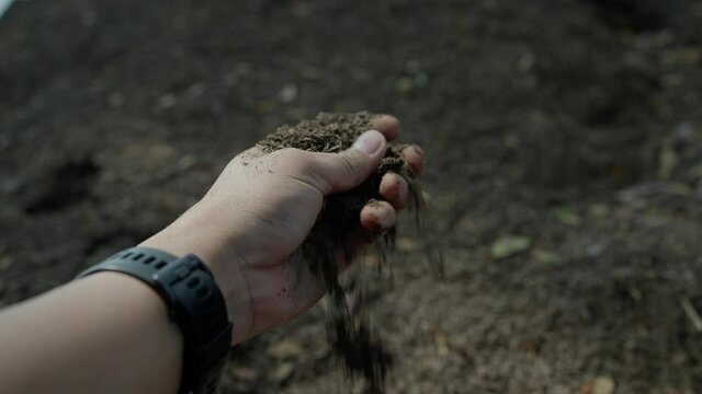 slow motion Human hand holding soil 