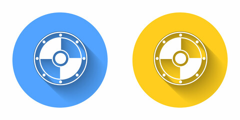 Fototapeta premium White Round wooden shield icon isolated with long shadow background. Security, safety, protection, privacy, guard concept. Circle button. Vector