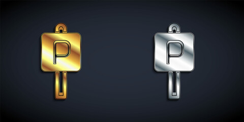 Gold and silver Parking icon isolated on black background. Street road sign. Long shadow style. Vector