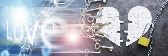 White heart-shaped puzzle. Heart affairs. Undivided love. Broken heart. The key to the heart. Closed heart on a lock. Concept of love.