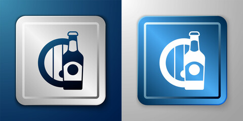 White Beer bottle and wooden barrel icon isolated on blue and grey background. Silver and blue square button. Vector