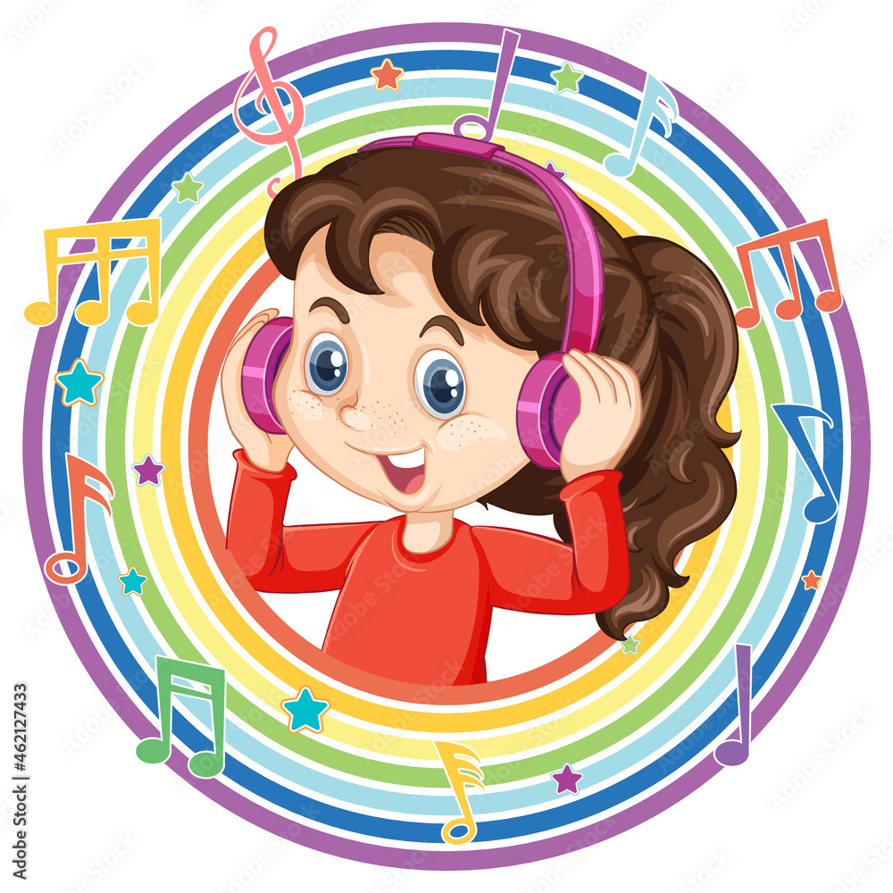 Wall mural girl wear headphone in rainbow round frame with melody symbols