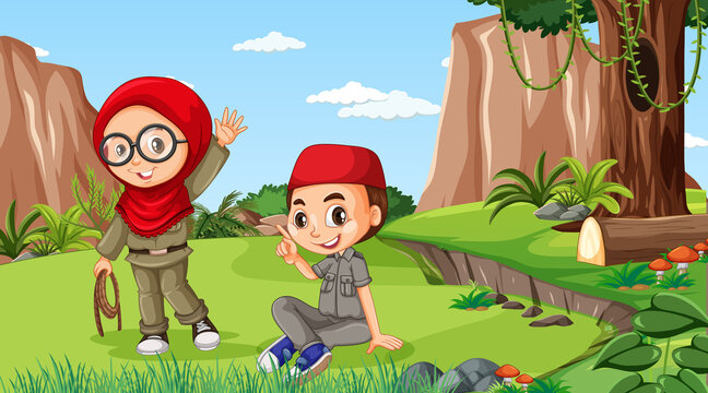Nature scene with muslim kids exploring in the forest