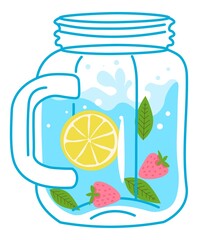 Lemonade in jug, fresh lemons and strawberries