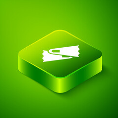 Isometric Rubber flippers for swimming icon isolated on green background. Diving equipment. Extreme sport. Diving underwater equipment. Green square button. Vector