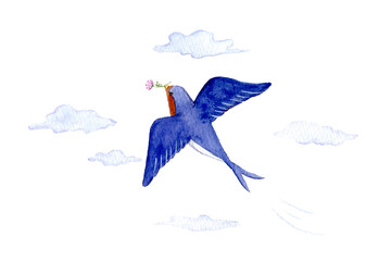 空を飛ぶ花をくわえたツバメ　水彩イラスト