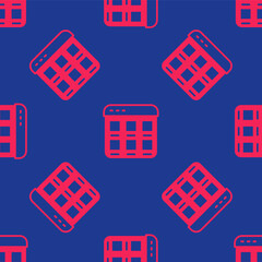 Red Online shopping on screen icon isolated seamless pattern on blue background. Concept e-commerce, e-business, online business marketing. Vector
