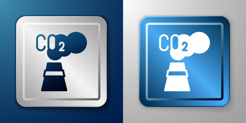 White CO2 emissions in cloud icon isolated on blue and grey background. Carbon dioxide formula, smog pollution concept, environment concept. Silver and blue square button. Vector