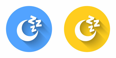 White Moon and stars icon isolated with long shadow background. Cloudy night sign. Sleep dreams symbol. Full moon. Night or bed time sign. Circle button. Vector