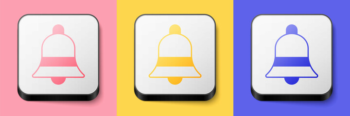 Isometric Ringing bell icon isolated on pink, yellow and blue background. Alarm symbol, service bell, handbell sign, notification symbol. Square button. Vector