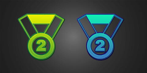 Green and blue Medal icon isolated on black background. Winner symbol. Vector