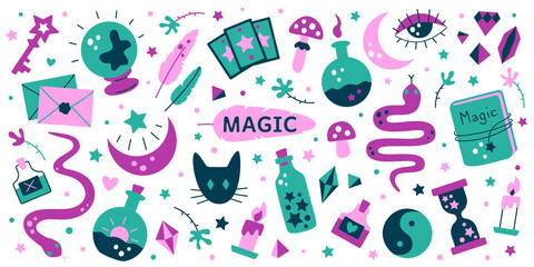 Set of magical things: crystal ball, crystals, spell, potion, snake, cat and other elements for witch. Cute magic elements for wizard. Flat cartoon style. Vector illustration isolated on a white.