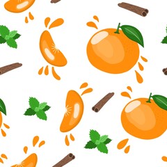 Seamless pattern with tangerines, cinnamon, and leaves. The illustration is hand-drawn with vivid lines.