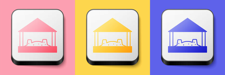 Isometric Sandbox for kids with sand and umbrella icon isolated on pink, yellow and blue background. Square button. Vector