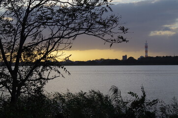 鳥屋野潟と夕日