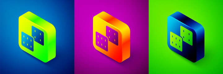 Isometric Game dice icon isolated on blue, purple and green background. Casino gambling. Square button. Vector