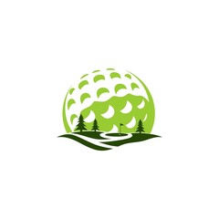 Golf field logo vector. With flag in hills of outdoor land field. Golf sport business icon, for golfer club & community favorite spot place illustration, hobby activity, focusing professional training