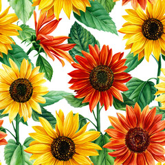 Seamless pattern with flowers of sunflowers. Watercolor Hand drawn illustration for wrapping paper, textile printing.