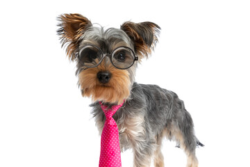 adorable little yorkshire terrier dog wearing pink tie and eyeglasses