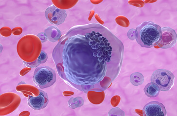 Fototapeta premium Acute myeloid leukemia (AML) cells in blood flow - closeup view 3d illustration