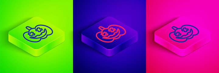 Isometric line Pumpkin icon isolated on green, blue and pink background. Happy Halloween party. Square button. Vector