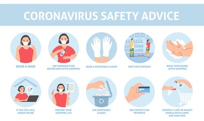 Fototapeta premium Safe shopping rules. Coronavirus safety advice infographic, vector illustration. Covid-19 disease spread prevention.